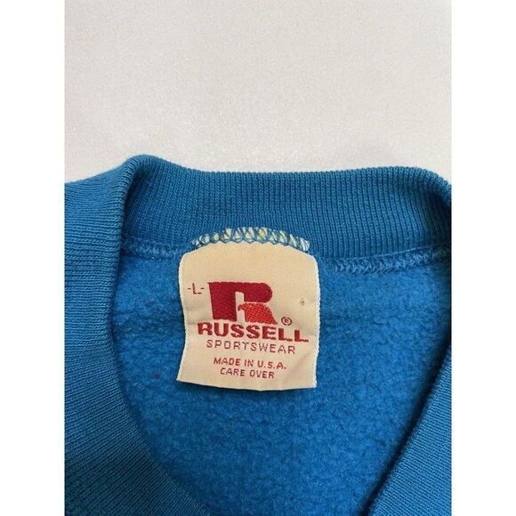 VINTAGE Russell Athletic Blank Crewneck Sweatshirt Men Large Blue USA 80s - Picture 8 of 9